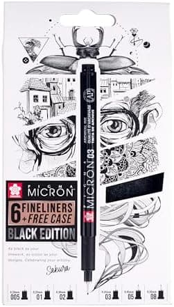 SAKURA Pigma Micron Fineliner-Stifte 6er-Set + Pinselstift | Wasserfeste, permanente schwarze Tinte | Kleinige Schreib-