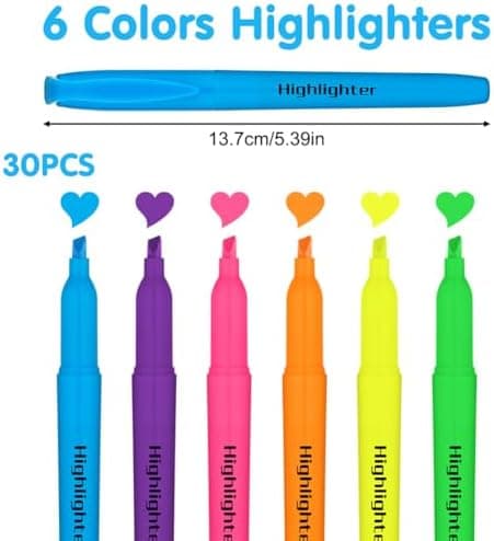 30 Stück Highlighter mit Keilspitze - Keulenschutz gegen Austrocknung für Büro und Studenten - Perfekter Notizenmarker