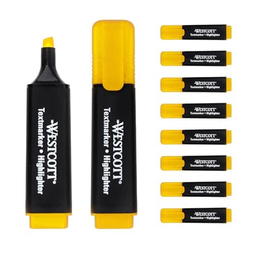 Westcott Textmarker E-743687 00 | 10 Stück gelb | 10er Pack | Leuchtendes Gelb | 2-5 mm Strichstärke | Premium Tinte aus
