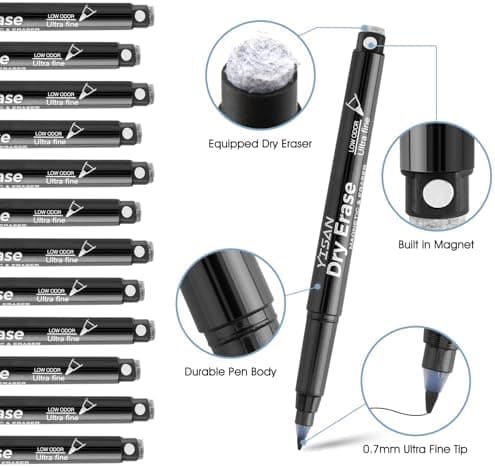 YISAN Magnetische Whiteboard Stifte, Schwarz, extra feine Spitze, abwischbar, 0,7 mm, Radiergummi, 12,70573