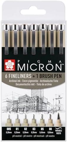 SAKURA Pigma Micron Fineliner-Stifte 6er-Set + Pinselstift | Wasserfeste, permanente schwarze Tinte | Kleinige Schreib-