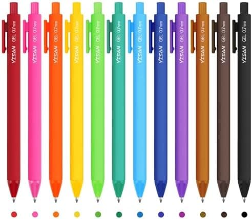 YISAN Einziehbarer Kugelschreiber bunt 12 Farben, Schnell trocknende für Bullet journal und Malen, 0,7 mm Set 71044