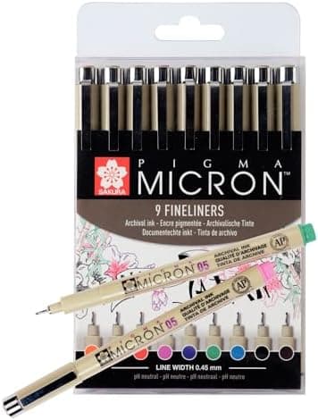 SAKURA Pigma Micron Fineliner-Stifte 6er-Set + Pinselstift | Wasserfeste, permanente schwarze Tinte | Kleinige Schreib-