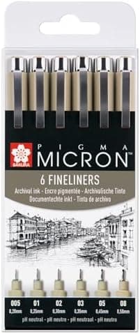 SAKURA Pigma Micron Stifte, wasserfeste Tinte,permanent für Schreiben und Zeichnen
| SakuraMicron Fineliner Stifte 6er-