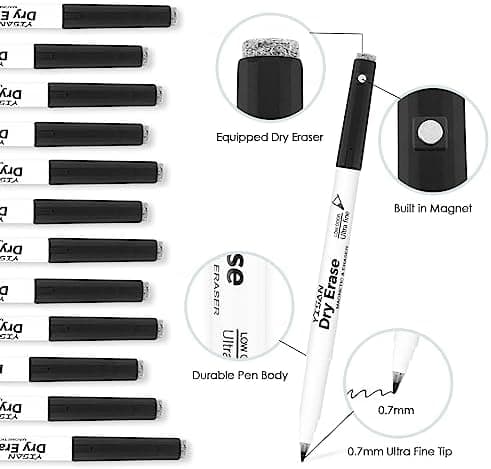 YISAN Magnetische Whiteboard Stifte - Schwarz, extra fein 0,7 mm, abwischbar für professionelle Whiteboard-Notizen 12,70