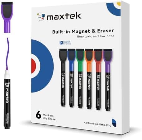 Maxtek Magnetische Whiteboard Marker - 6 Farben, abwischbar, 1-2 mm Linie, ideal für Zuhause, Schule & Büro (6 Stück) Gl