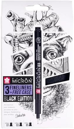 SAKURA Pigma Micron Fineliner-Stifte 6er-Set + Pinselstift | Wasserfeste, permanente schwarze Tinte | Kleinige Schreib-