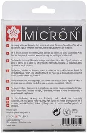 SAKURA Pigma Micron Fineliner-Stifte 6er-Set + Pinselstift | Wasserfeste, permanente schwarze Tinte | Kleinige Schreib-