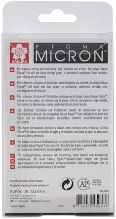SAKURA Pigma Micron Fineliner-Stifte 6er-Set + Pinselstift | Wasserfeste, permanente schwarze Tinte | Kleinige Schreib-