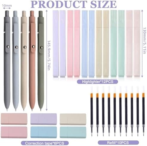 23 Aesthetic Pastell Textmarker für Journalisten und Studenten - 12 No-Bleed Stifte, 6 Korrekturrollen und 5 schwarze Ge
