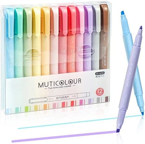 EooUooIP Textmarker Pastell - 12 Stück Doppelspitzen Textmarker, Verschiedene milde Farben, für Schulbüro Schreibwaren u