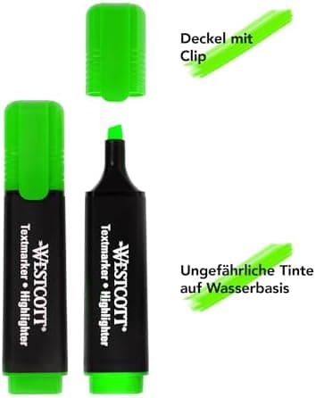 Westcott Textmarker E-743687 00 | 10 Stück gelb | 10er Pack | Leuchtendes Gelb | 2-5 mm Strichstärke | Premium Tinte aus