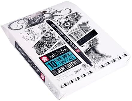 SAKURA Pigma Micron Fineliner-Stifte 6er-Set + Pinselstift | Wasserfeste, permanente schwarze Tinte | Kleinige Schreib-