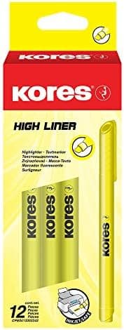 Kores High Liner Dünne gelbe strahlende Textmarker Stifte für Schul- und Büro, 12 Stück Packung,enameslerte Wassermischf