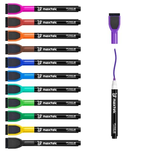Maxtek Magnetische Whiteboard Marker - 12 Farben, abwischbar, Feinspitze 1-2 mm, für Zuhause, Schule & Büro (12 Stück) G
