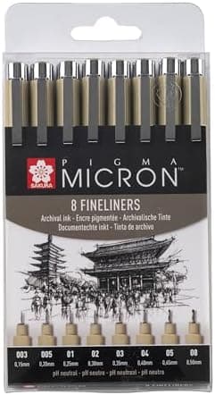 SAKURA Pigma Micron Fineliner-Stifte 6er-Set + Pinselstift | Wasserfeste, permanente schwarze Tinte | Kleinige Schreib-