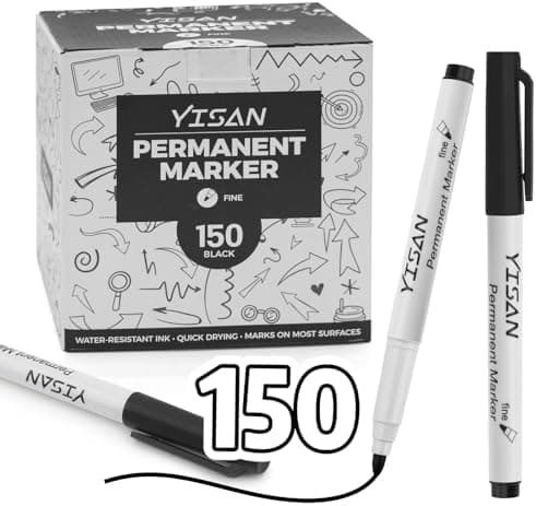 YISAN Schwarz Permanent Marker, dünn, für Kunststoff, Stein, Glas, Metall - 150 Stück - feine Spitze - Permanenttinte 71