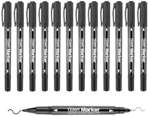 YISAN Dünn Permanent Marker Schwarz, Wasserfest für Glas und Stein, 12 Stück 70788