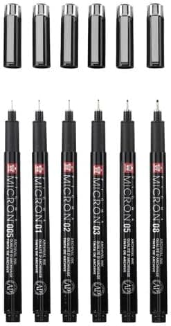 SAKURA Pigma Micron Fineliner-Stifte 6er-Set + Pinselstift | Wasserfeste, permanente schwarze Tinte | Kleinige Schreib-