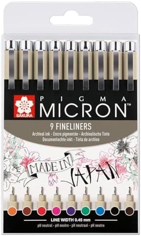 SAKURA Pigma Micron Fineliner-Stifte 6er-Set + Pinselstift | Wasserfeste, permanente schwarze Tinte | Kleinige Schreib-