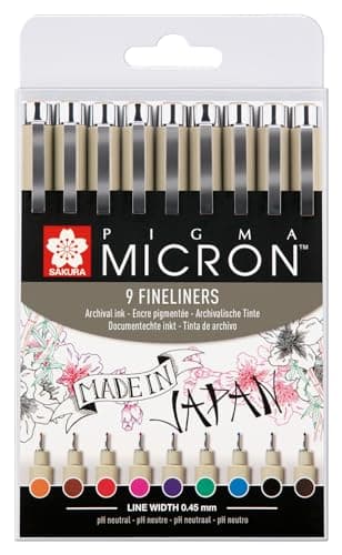 SAKURA Pigma Micron Fineliner-Stifte 6er-Set + Pinselstift | Wasserfeste, permanente schwarze Tinte | Kleinige Schreib-