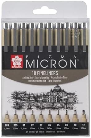 SAKURA Pigma Micron Fineliner-Stifte 6er-Set + Pinselstift | Wasserfeste, permanente schwarze Tinte | Kleinige Schreib-