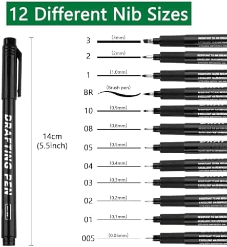Fineliner Schwarz Stifte, 12 Stück Set, Wasserfeste Tuschen, für Zeichnen, Skizzieren und Technische Zeichnung