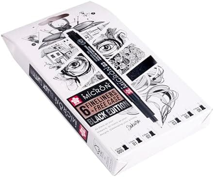 SAKURA Pigma Micron Fineliner-Stifte 6er-Set + Pinselstift | Wasserfeste, permanente schwarze Tinte | Kleinige Schreib-