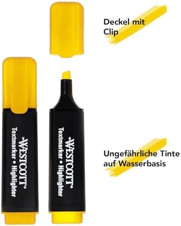 Westcott Textmarker E-743687 00 | 10 Stück gelb | 10er Pack | Leuchtendes Gelb | 2-5 mm Strichstärke | Premium Tinte aus