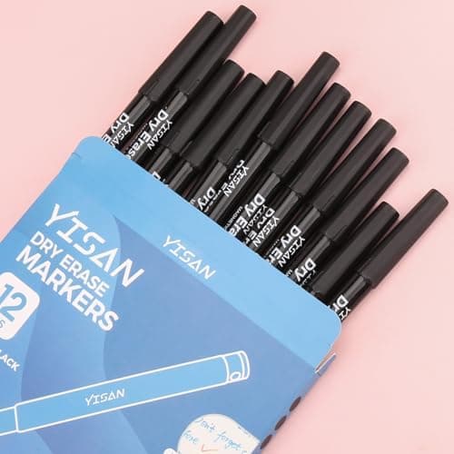 YISAN Magnetische Whiteboard Stifte, Schwarz, extra feine Spitze, abwischbar, 0,7 mm, Radiergummi, 12,70573