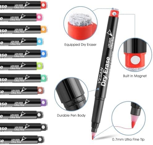 YISAN Magnetische Whiteboard Stifte 0,7 mm Extra Feine mit Radiergummis für Whiteboard 12 Farben Geringer Geruch 70566
