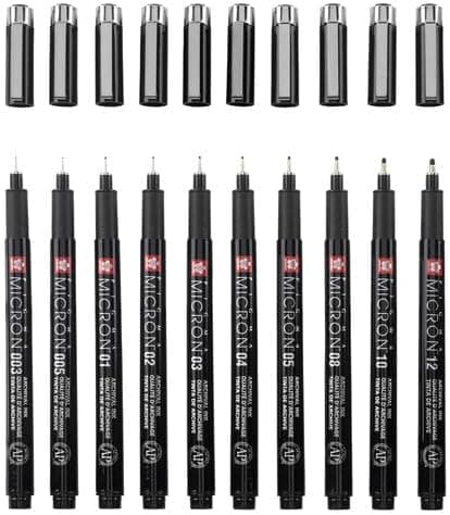 SAKURA Pigma Micron Fineliner-Stifte 6er-Set + Pinselstift | Wasserfeste, permanente schwarze Tinte | Kleinige Schreib-