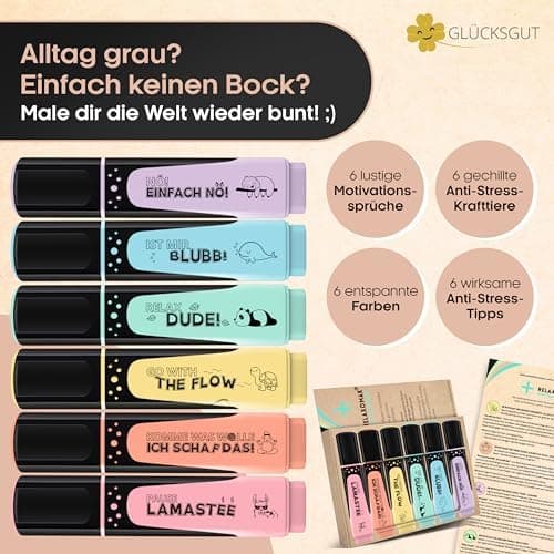 6x Textmarker Pastell - Geschenkbox & Anleitung - Anti Stress - Büro, Schule, Studium, Uni - Perfektes Abschiedsgeschenk