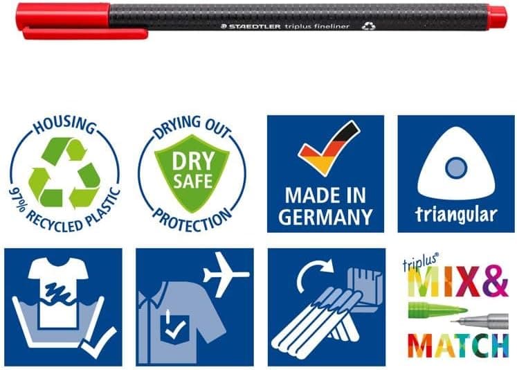 STAEDTLER Fineliner Dreikant, superfeine metallgefasste Spitze, 334-9 BK4, 0.3 mm Breite, 97% Rezyklat, Set mit 4 Stück,