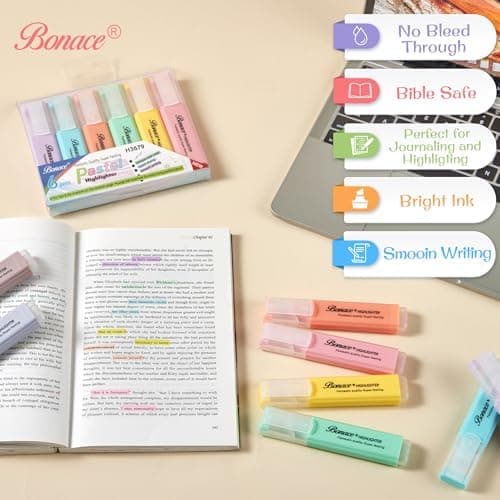 BONACE Pastellfarbige Textmarker für Kinder, Meißelspitze Markierungsstift, 8 verschiedene Macaron-Farben, leicht trock