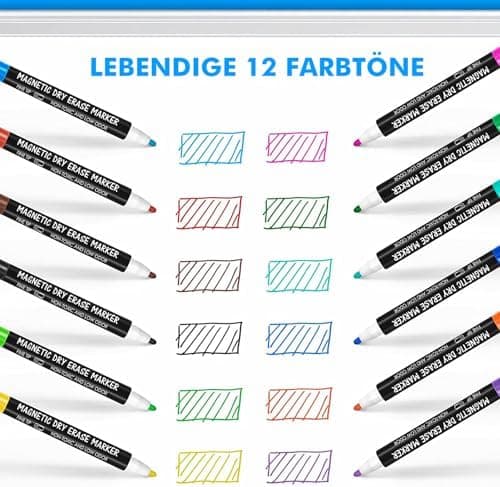 Maxtek Magnetische Whiteboard Marker - 12 Farben, abwischbar, Feinspitze 1-2 mm, für Zuhause, Schule & Büro (12 Stück) G