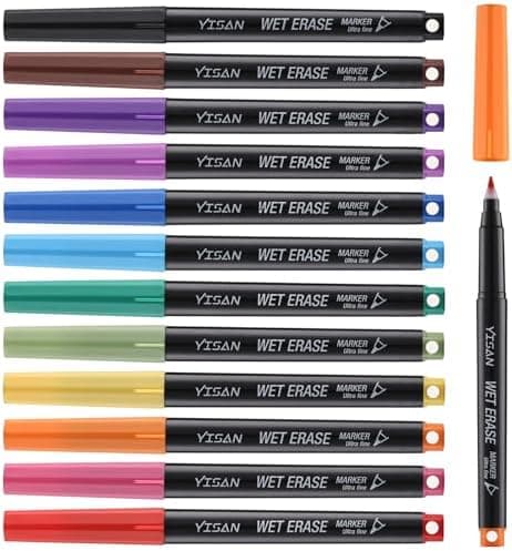 YISAN Wasserlöslich Whiteboard Marker für professionelle Use, feucht abwischbar, 0.7mm ultrafeine Spitze, 12 Farben Set,