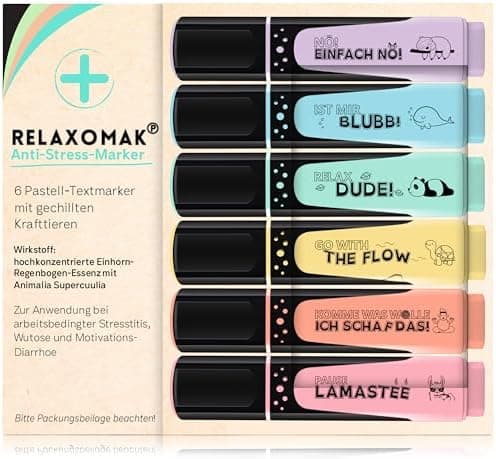 6x Textmarker Pastell - Geschenkbox & Anleitung - Anti Stress - Büro, Schule, Studium, Uni - Perfektes Abschiedsgeschenk