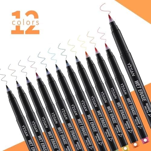 YISAN Wasserlöslich Whiteboard Marker für professionelle Use, feucht abwischbar, 0.7mm ultrafeine Spitze, 12 Farben Set,
