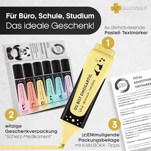 6x Textmarker Pastell - Geschenkbox & Anleitung - Anti Stress - Büro, Schule, Studium, Uni - Perfektes Abschiedsgeschenk