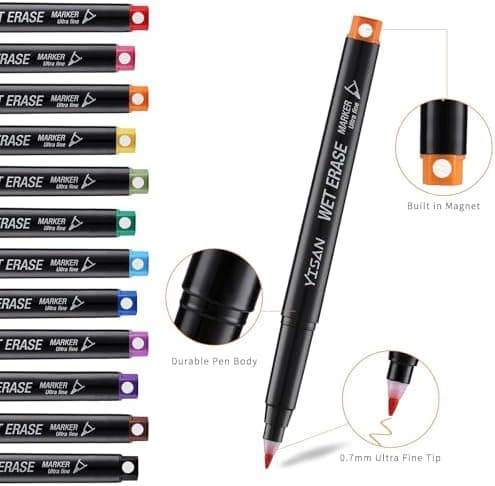 YISAN Wasserlöslich Whiteboard Marker für professionelle Use, feucht abwischbar, 0.7mm ultrafeine Spitze, 12 Farben Set,