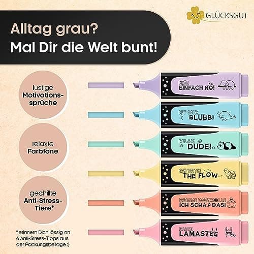 6x Textmarker Pastell - Geschenkbox & Anleitung - Anti Stress - Büro, Schule, Studium, Uni - Perfektes Abschiedsgeschenk