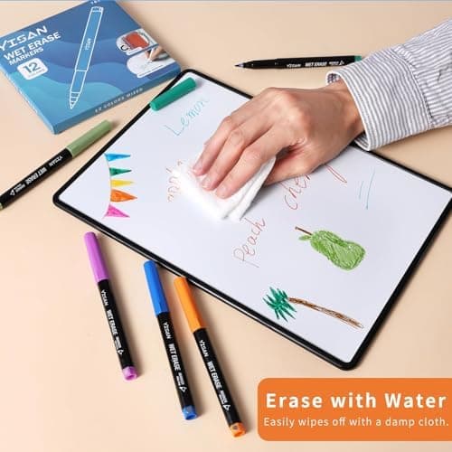 YISAN Wasserlöslich Whiteboard Marker für professionelle Use, feucht abwischbar, 0.7mm ultrafeine Spitze, 12 Farben Set,