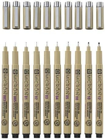 SAKURA Pigma Micron Fineliner-Stifte 6er-Set + Pinselstift | Wasserfeste, permanente schwarze Tinte | Kleinige Schreib-
