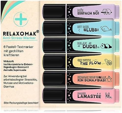 6x Textmarker Pastell - Geschenkbox & Anleitung - Anti Stress - Büro, Schule, Studium, Uni - Perfektes Abschiedsgeschenk