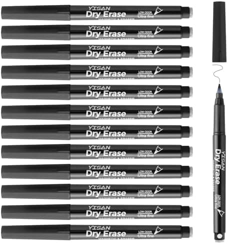 YISAN Magnetische Whiteboard Stifte, Schwarz, extra feine Spitze, abwischbar, 0,7 mm, Radiergummi, 12,70573