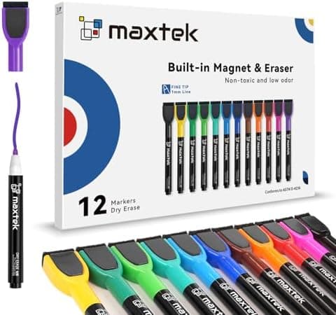 Maxtek Magnetische Whiteboard Marker - 12 Farben, abwischbar, Feinspitze 1-2 mm, für Zuhause, Schule & Büro (12 Stück) G