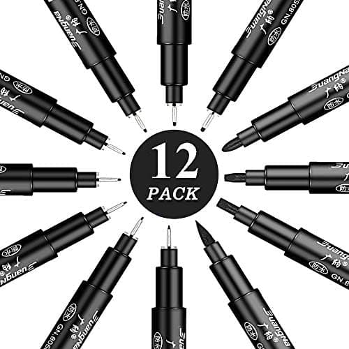 Schwarze Fineliner-Stifte Set für Künstler - 12 Stück Technische Zeichenstifte mit Mikro-Liner-Kunststifte zum Kunstskiz