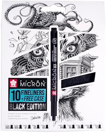 SAKURA Pigma Micron Fineliner-Stifte 6er-Set + Pinselstift | Wasserfeste, permanente schwarze Tinte | Kleinige Schreib-