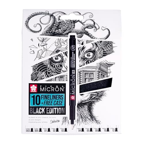SAKURA Pigma Micron Fineliner-Stifte 6er-Set + Pinselstift | Wasserfeste, permanente schwarze Tinte | Kleinige Schreib-